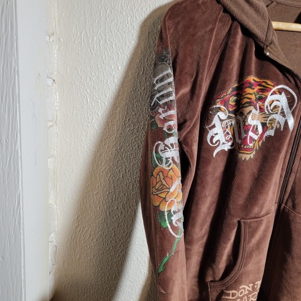 y2k Ed Hardy Tiger Rose Graphic Rhinestone Full Zip Velour Hoodie sz XL Brown - Picture 2 of 14